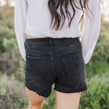 Close up rear view of distressed Rebecca Shorts with rear pockets and raw hem.