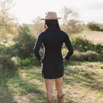 Rear view of Outlaw Long Sleeve Dress in dark denim.