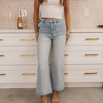 Front view of Sailor Sophie high-waisted wide leg ankle jeans with patch pockets.