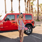 Front view of Trude Romper with red, white, and blue stripes.  