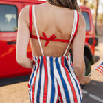 Close up rear view of Trude Romper with red, white, and blue stripes.  