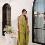 Front view of Palm Skies Tiered Maxi Dress in green with tiered and blocking details and self tie shoulder straps. 