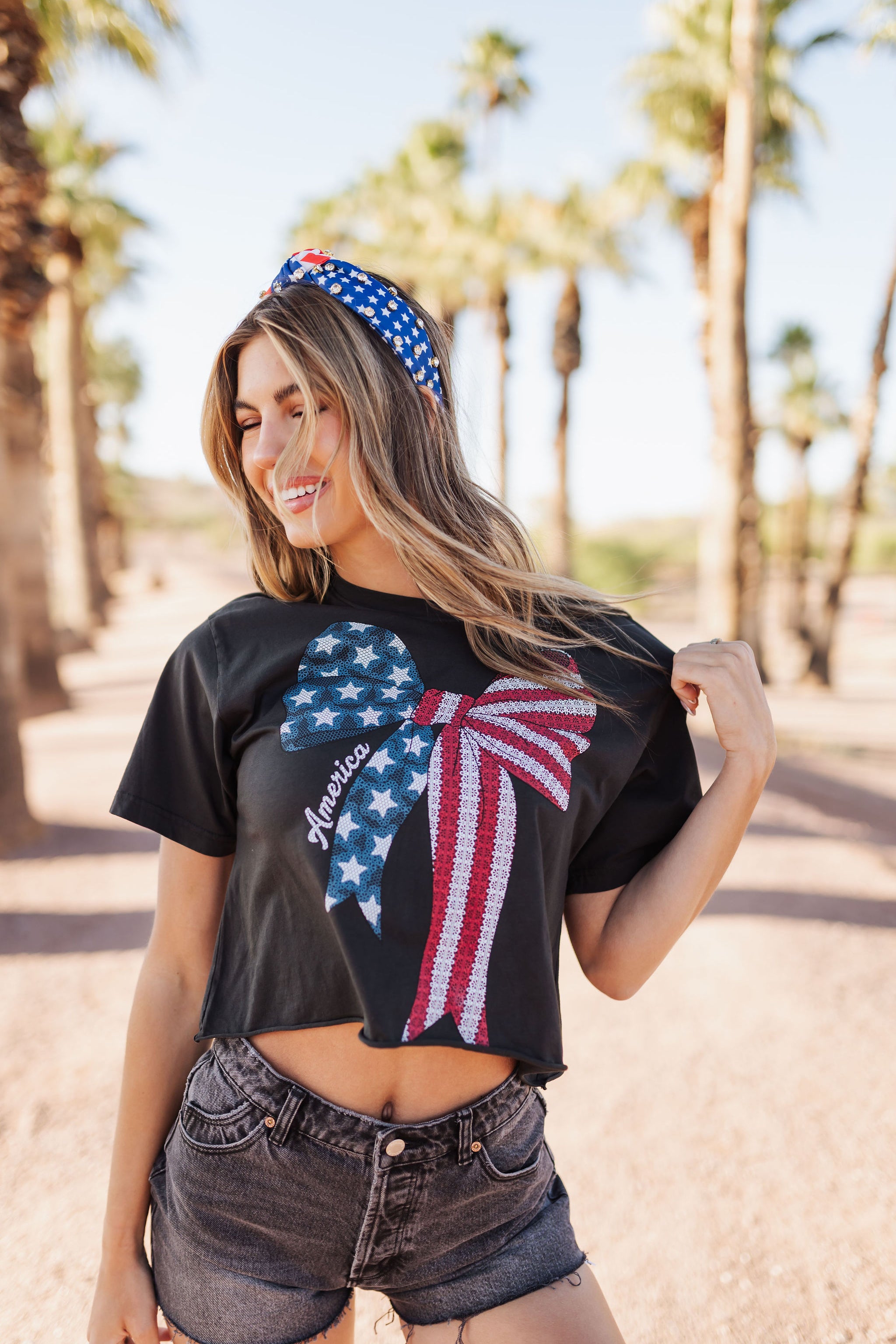 Close up front view of Lace Bow Americana Graphic Tee