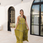 Front view of Palm Skies Tiered Maxi Dress in green with tiered and blocking details and self tie shoulder straps. 