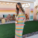 Front view of multi-striped crochet Vacay Coverup with long sleeves and tie front.