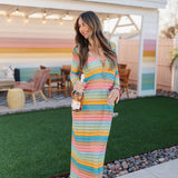 Front view of multi-striped crochet Vacay Coverup with long sleeves and tie front.