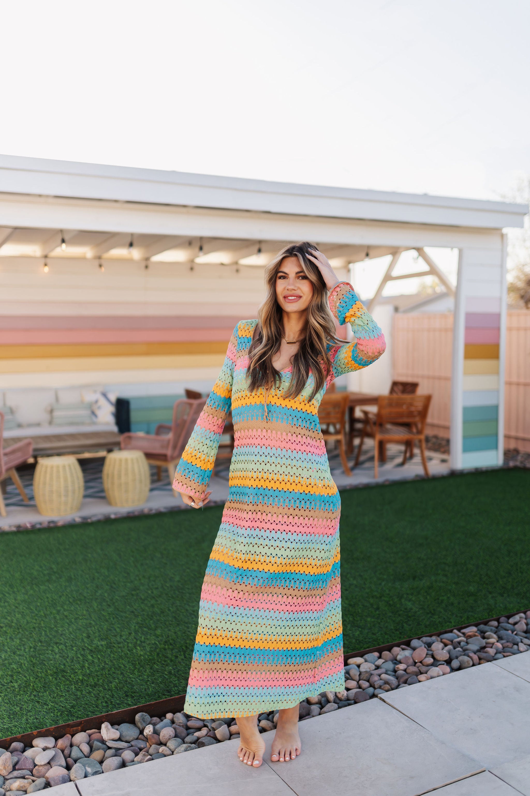 Front view of multi-striped crochet Vacay Coverup with long sleeves and tie front.