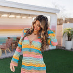 Front view of multi-striped crochet Vacay Coverup with long sleeves and tie front.