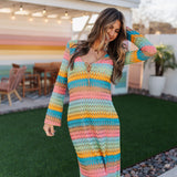 Front view of multi-striped crochet Vacay Coverup with long sleeves and tie front.