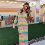 Front view of multi-striped crochet Vacay Coverup with long sleeves and tie front.