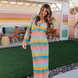 Front view of multi-striped crochet Vacay Coverup with long sleeves and tie front.