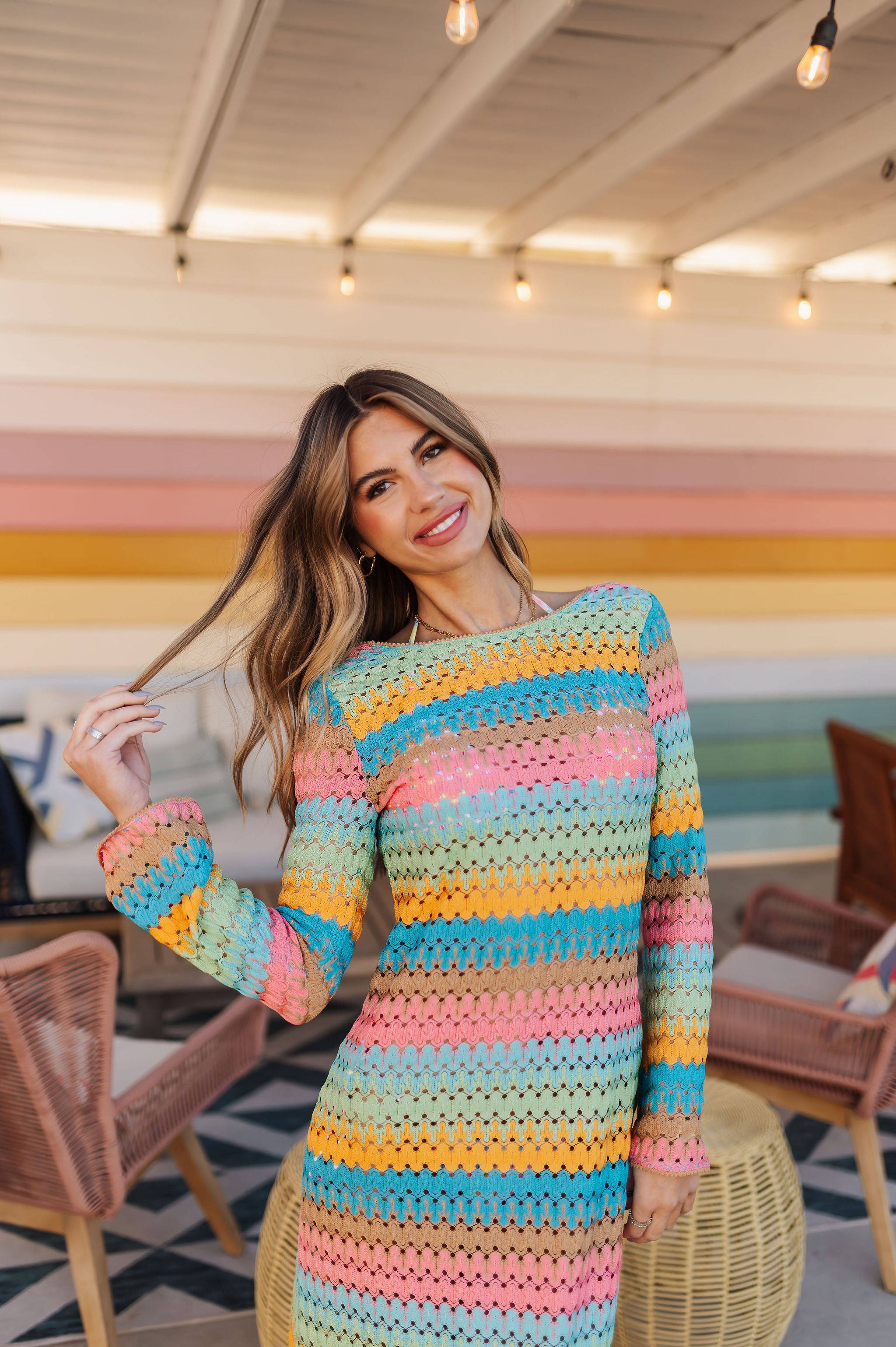 Front view of multi-striped crochet Vacay Coverup with long sleeves.