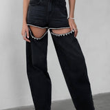 Kelsey Embellished Black Denim Mid-Rise Jeans