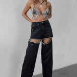 Kelsey Embellished Black Denim Mid-Rise Jeans