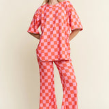 Ribbed Checkered Lounge Set | Pink Red